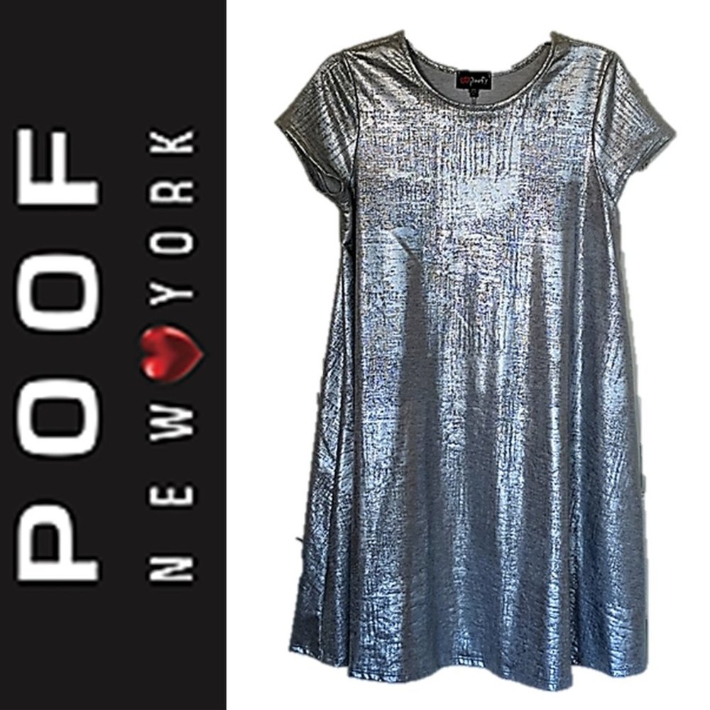 NWOT POOF METALLIC SILVER SHIFT SWING DRESS Large 🌸